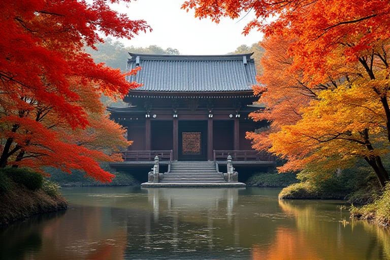 A serene temple in Kyoto surrounded by vibrant autumn foliage.