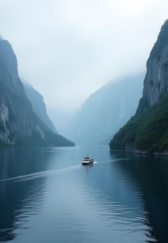 A boat sailing through a tranquil Norwegian fjord with steep cliffs on either side.