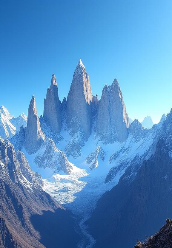 Jagged, snow-capped peaks of Patagonia under a clear blue sky.