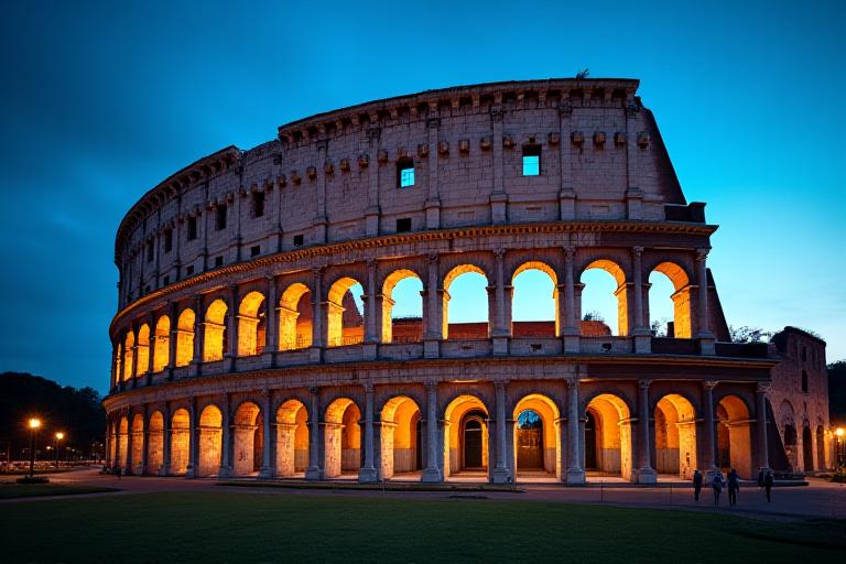 The Colosseum in Rome illuminated against the twilight sky.