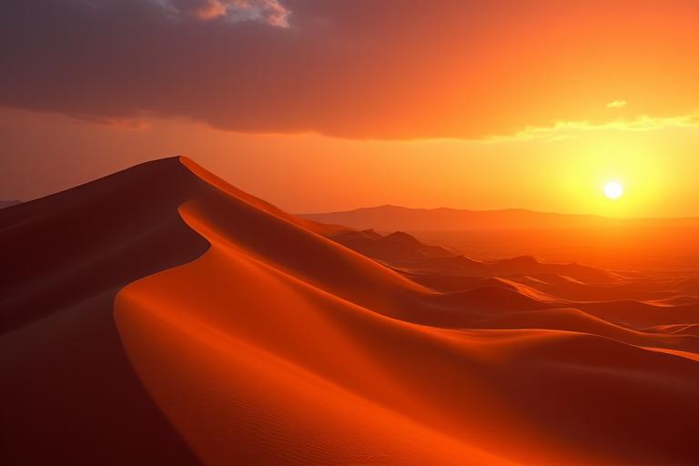 Golden sand dunes of the Sahara Desert under a dramatic sunset.