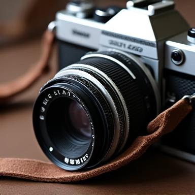 A classic film camera with a leather strap.