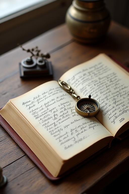A close-up shot of an open travel journal and an antique brass compass resting on a wooden table.