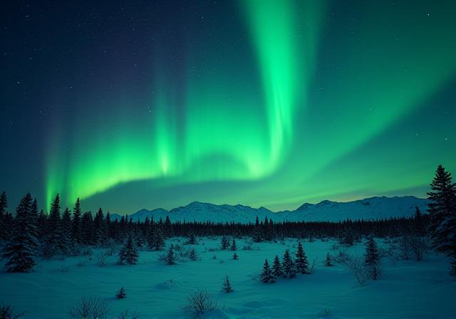 Vibrant green aurora borealis dancing over a snowy landscape with distant mountains.