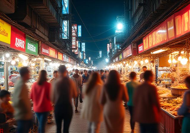 A bustling and colorful night market in Bangkok.