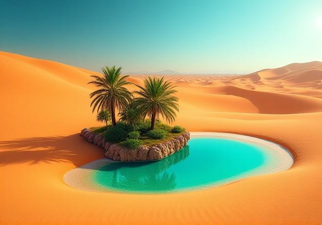 A small, lush oasis surrounded by vast, arid desert dunes.