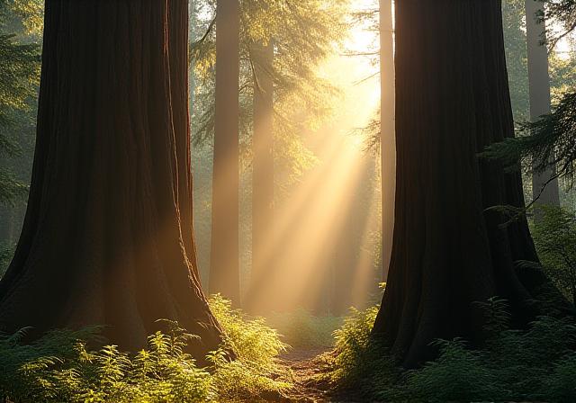 Sunlight filtering through the canopy of a dense, ancient redwood forest.